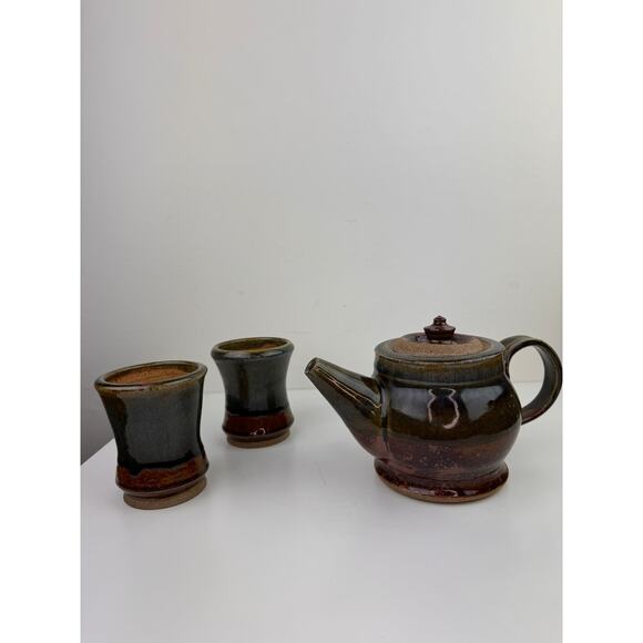 Brown Green Ceramic Hand Thrown Pottery Decorative Cup & Teapot Tea Set 3-Piece - Picture 12 of 12